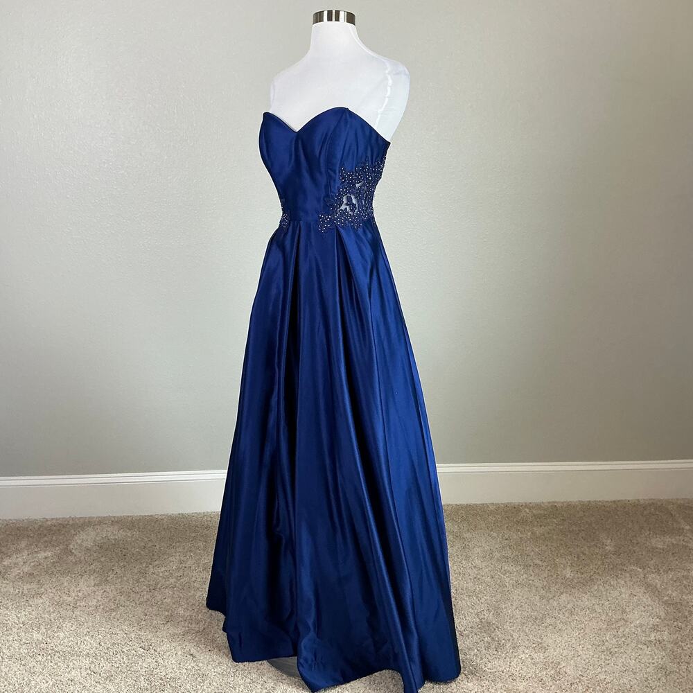 Blondie Nites Strapless Beaded Satin A-Line Evening Gown Royal Blue Size 7 Dress - Picture 4 of 11